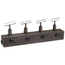 Load image into Gallery viewer, Freedom Hydraulics 12&quot; Long Manifold Block with 4 Needle Valves, 1 IN - 4 OUT, 3/8&quot; NPTF - MANN4 - Empire Lube Equipment