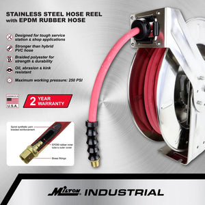 Zeeline 2751-3514SS - Milton® Industrial Stainless Steel Hose Reel Retractable, 1/4" ID X 35' Ultra-Lightweight Rubber Hose W/ 1/4" NPT, 300 PSI