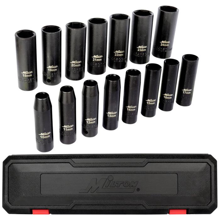 Zeeline 1300-SS-05 - Milton® 1/2” Drive Deep 10-24 Metric Impact Socket Set (15-Piece)