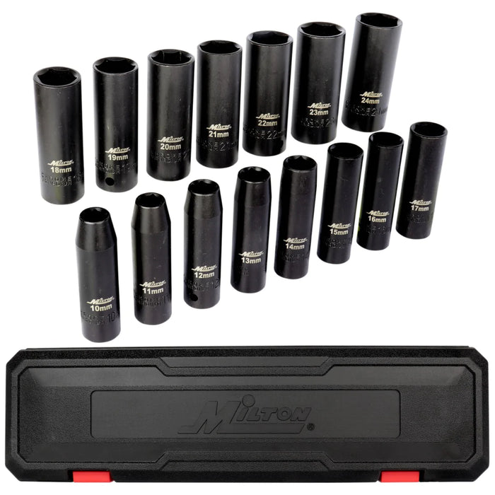 Milton 1300-SS-05 1300-SS-05 1/2 Drive Deep 10-24 Metric Impact Socket Set (15-Piece)