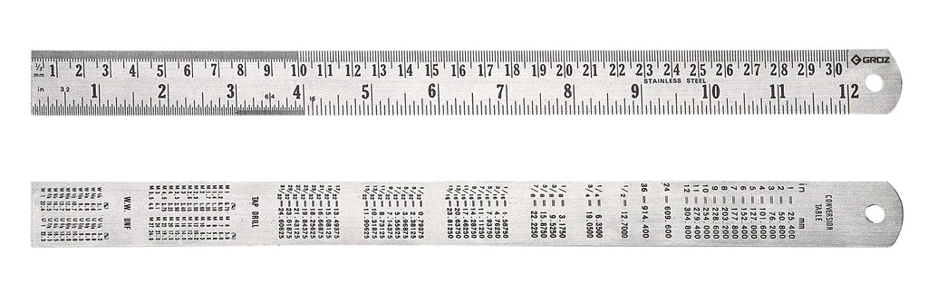 Groz Stainless Steel Ruler, Imperial & Metric Graduations - 6", 12", 18", 24", 40", or 48" 1334