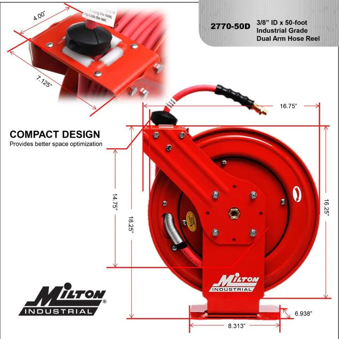 Zeeline 2770-50D - Milton® Industrial Auto-Retracting Hose Reel 3/8" NPT, 50' Hybrid Rubber Hose, 300 PSI