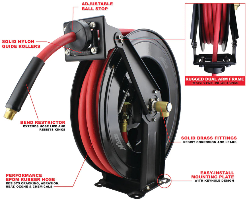 Zeeline 2780-50D - Steel Dual Arm Auto-Retractable Hose Reel, 1/2" X 50 Ft. Rubber Hose - 300 Max PSI