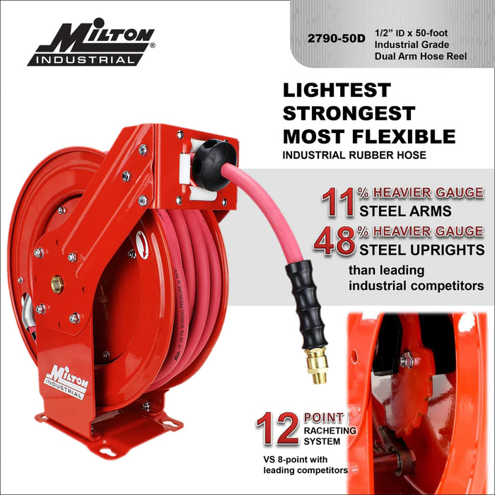 Zeeline 2790-50D - Milton® Industrial Auto-Retracting Hose Reel 1/2" MNPT X 50' Hybrid Rubber Hose, 300 PSI