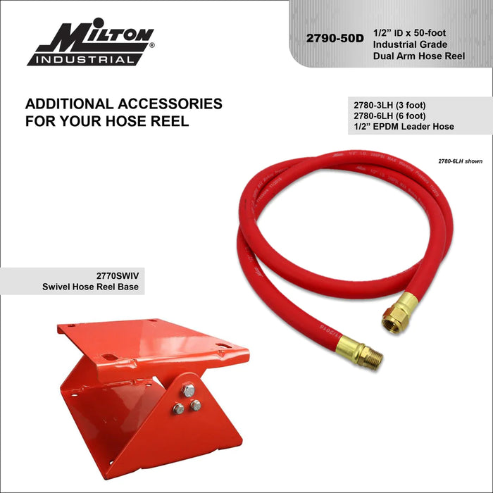 Zeeline 2790-50D - Milton® Industrial Auto-Retracting Hose Reel 1/2" MNPT X 50' Hybrid Rubber Hose, 300 PSI