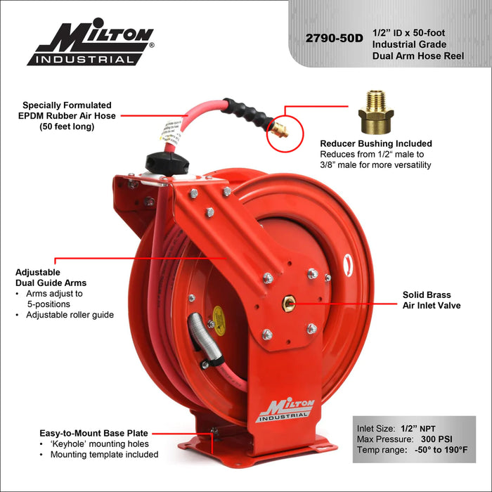 Zeeline 2790-50D - Milton® Industrial Auto-Retracting Hose Reel 1/2" MNPT X 50' Hybrid Rubber Hose, 300 PSI