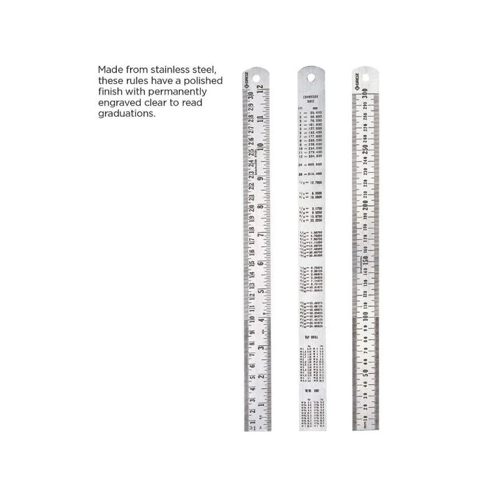 Groz Stainless Steel Ruler, Imperial & Metric Graduations - 6", 12", 18", 24", 40", or 48" 1334