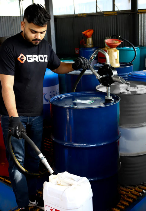 Groz Industrial Rotary Drum Pump, Vane Manual, with 8 Foot Anti-Static Hose, Non-Sparking Nozzle & Nozzle Holder 44081