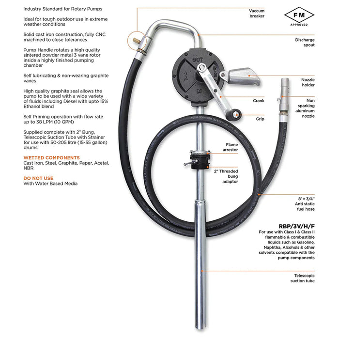 Groz Industrial Rotary Vane Manual Fuel Transfer Pump, 8 Foot Anti-Static Hose, Non-Sparking Nozzle & Nozzle Holder| Vacuum Breaker & Flame Arrestor 44082
