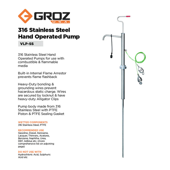 Groz 316 Stainless Steel Vertical Lift Pumps, for 15 to 55 Gallon Drums 44132