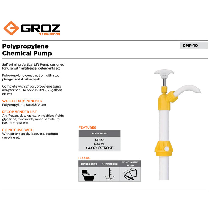 Groz Polypropylene Chemical Pump, for use with 55 Gallon Drums 44192