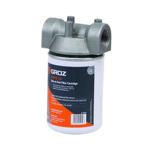 Groz Spin On Cartridge Style Fuel Filter with 10 Micron Water Block Filter, 1 1/2" - 16 UNF threads, 1" NPT Inlet/Outlet 45903