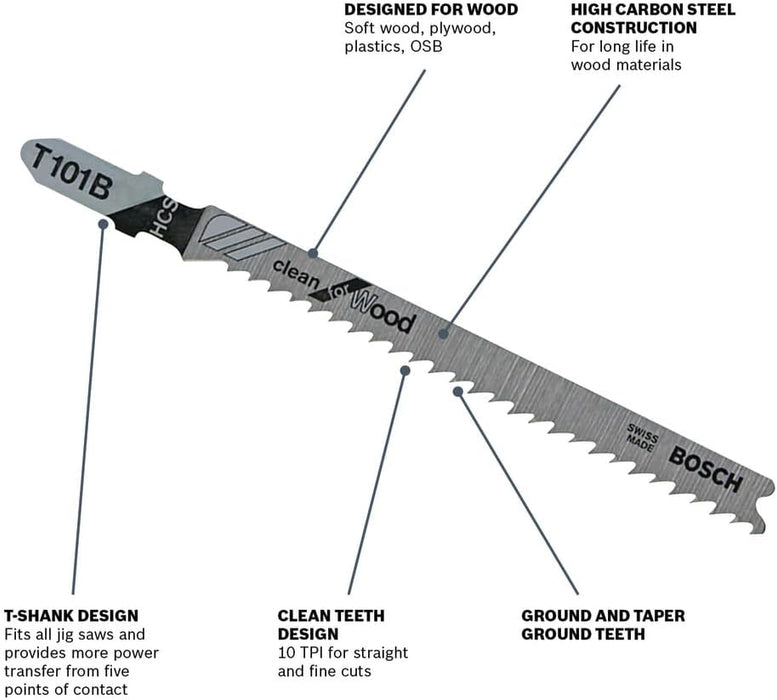 Bosch 4", 10TPI, HCS T-SHANK JIGSAW BLADE  (5 PK) T101B