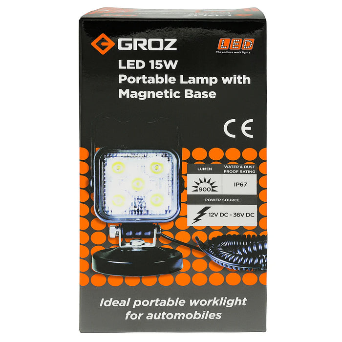 Groz LED 15W Work Light with Magnetic Base and Cigarette Plug Adapter 55034