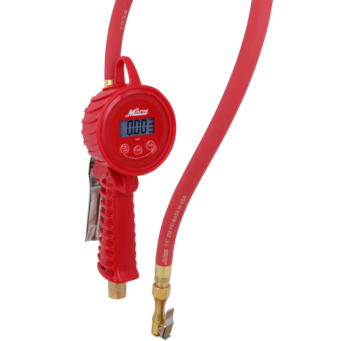 Milton 555e 555e Digital Tire Inflator Gauge, used on multiple vehicle types, measures from 5 to 220 PSI, ± 1 PSI Accuracy