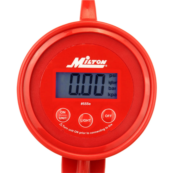 Milton 555e 555e Digital Tire Inflator Gauge, used on multiple vehicle types, measures from 5 to 220 PSI, ± 1 PSI Accuracy