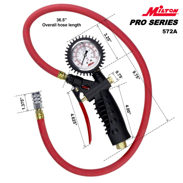 Milton 572A Pro Analog Tire Inflator/Pressure Pistol Grip Gauge, Kwik Grip Safety Chuck, 36" Hose -160PSI