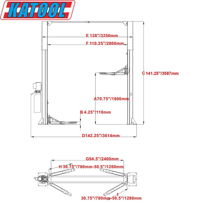 Katool KT-M110 Two Post Clear-floor Vehicle Lift 11,000lbs