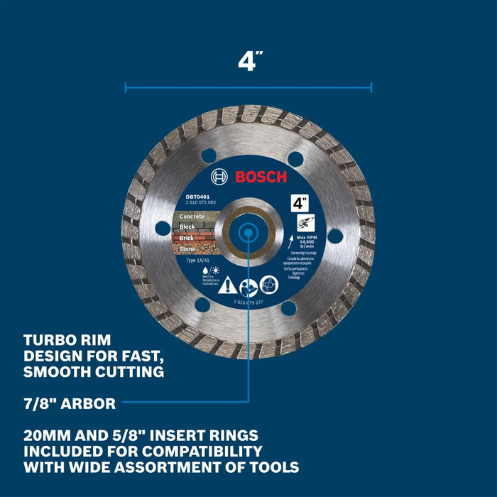 Bosch 4" STANDARD DIAMOND BLADE TURBO RIM 7/8", 20MM, 5/8" ARBORS DBT0401