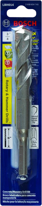 Bosch 3/4" X 6"  THREE-FLAT SHANK HAMMER DRILL MASONRY BIT LBH014