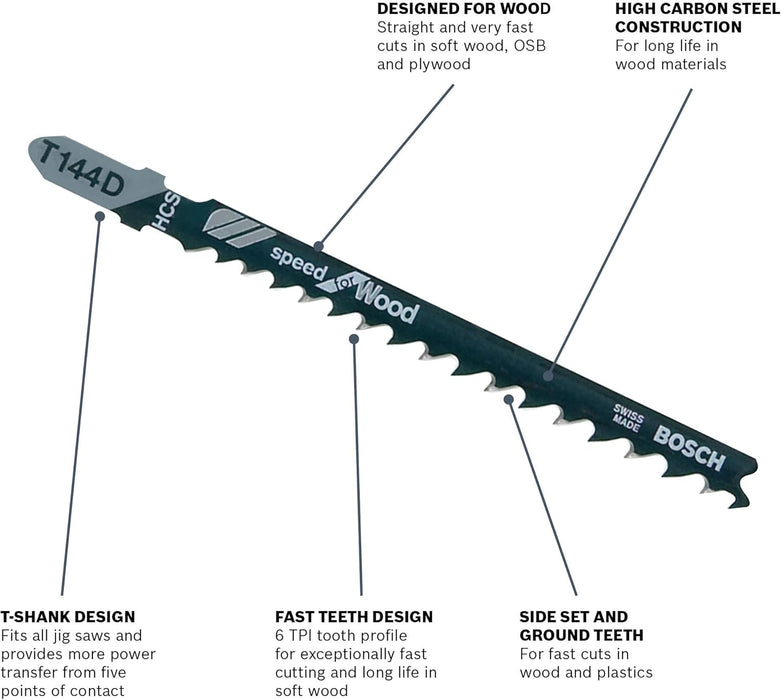 Bosch 4", 6TPI, HCS T-SHANK JIGSAW BLADE  (3 PK) T144D3