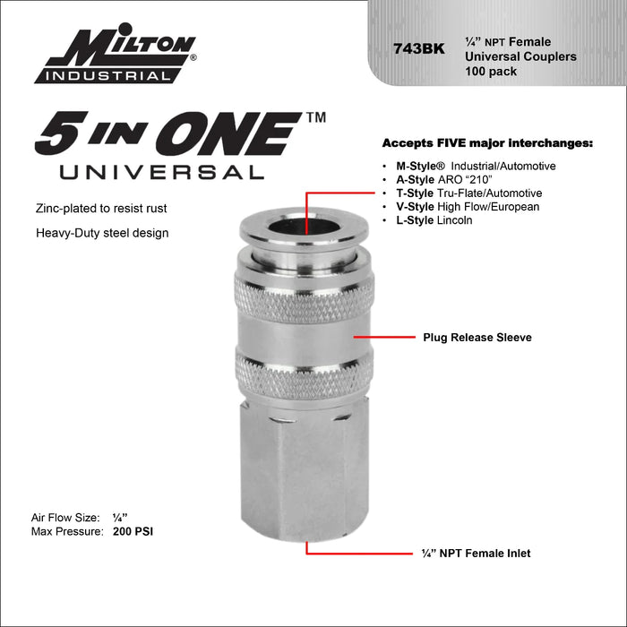 Milton 743BK 5 In ONE® Universal Quick-Connect Coupler, 1/4" NPT