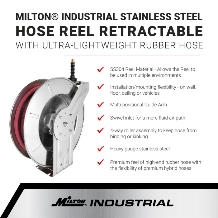 Zeeline 2752-3514SS - Milton® Industrial Stainless Steel Hose Reel Retractable, 3/8" ID X 35' Ultra-Lightweight Rubber Hose W/ 1/4" NPT, 300 PSI