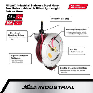 Zeeline 2754-5014SS - Milton® Industrial Stainless Steel Hose Reel Retractable, 1/4" ID X 50' EPDM Hose W/ 1/4" NPT, 300 PSI