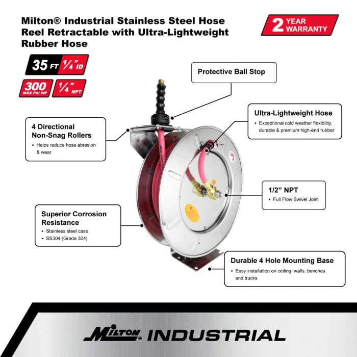 Zeeline 2752-3514SS - Milton® Industrial Stainless Steel Hose Reel Retractable, 3/8" ID X 35' Ultra-Lightweight Rubber Hose W/ 1/4" NPT, 300 PSI