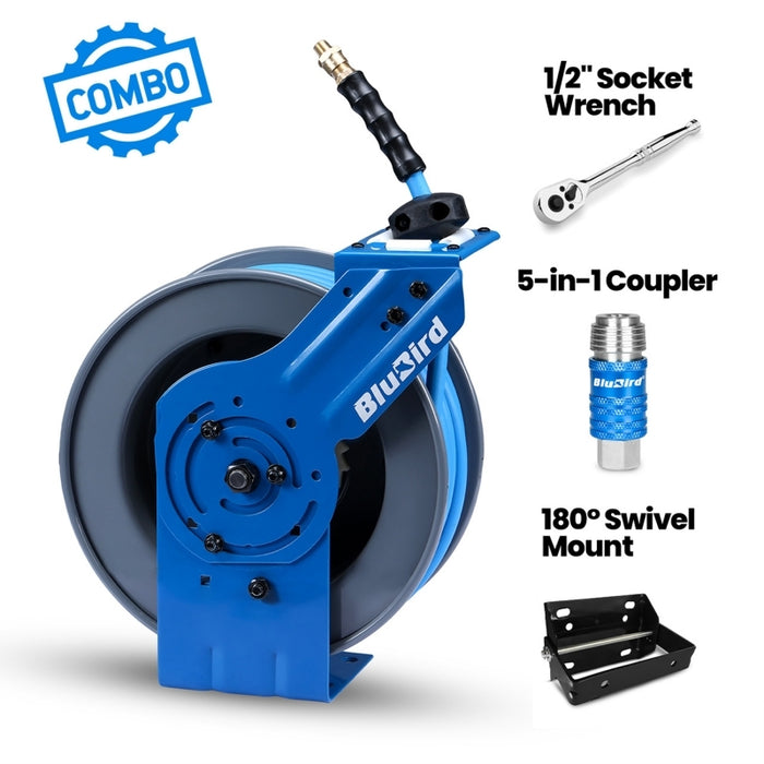 BluBird Heavy-Duty Air Hose Reel All-In-One 3/8" x 50' BBRHD3850-AIO