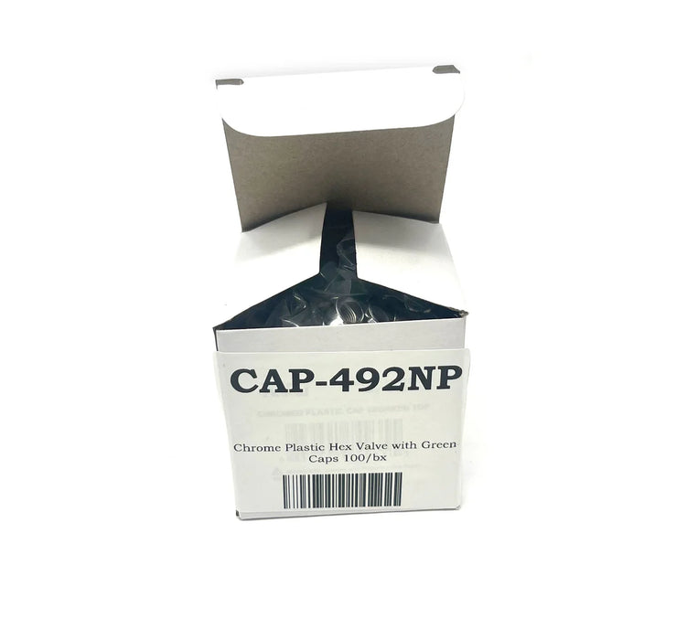 MT-RSR Chrome Plastic Hex Valve Cap with Green Top - 100/Box CAP-492NP