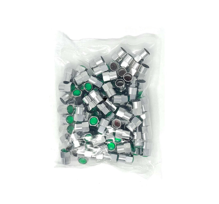 MT-RSR Chrome Plastic Hex Valve Cap with Green Top - 100/Box CAP-492NP