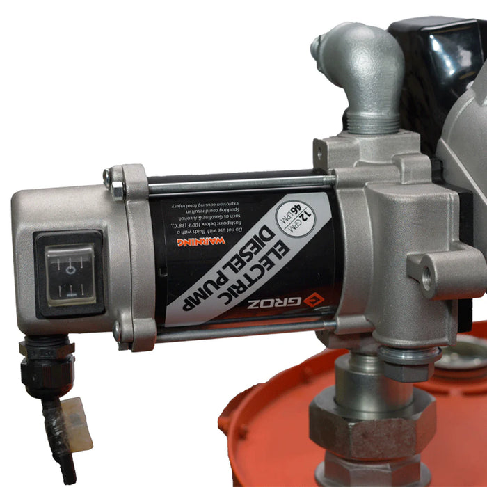 Groz 12V DC Electric Diesel Pump with Automatic Nozzle, Drum Mount Style 45534