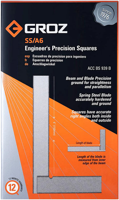 Groz Steel Precision Square, 2, 3, 4, and 6 inch, 16 Micron Squareness 1002-1