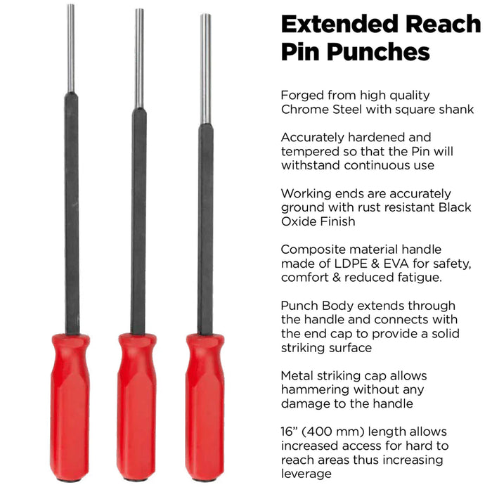 Groz Extended Reach Pin Punches Set - 3pcs, 1/4", 5/16" & 3/8" 33148