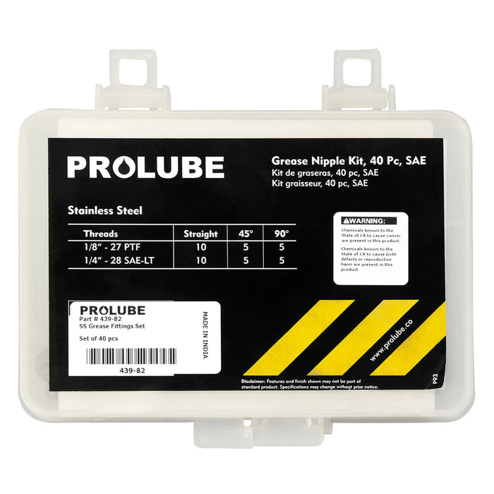 Prolube 40 Piece Stainless Steel Grease Fitting Set, 1/8" x 27 PTF and 1/4" x 28 SAE-LT Threads 43982