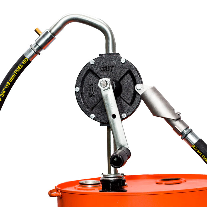 Groz Industrial Rotary Vane Manual Fuel Transfer Pump, 8 Foot Anti-Static Hose, Non-Sparking Nozzle & Nozzle Holder| Vacuum Breaker & Flame Arrestor 44082