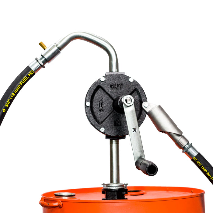Groz Industrial Rotary Vane Manual Fuel Transfer Pump, 8 Foot Anti-Static Hose, Non-Sparking Nozzle & Nozzle Holder| Vacuum Breaker & Flame Arrestor 44082