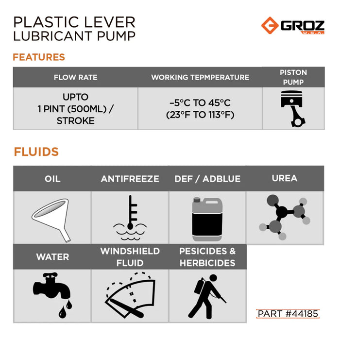 Groz Heavy Duty Lever Action DEF Pump, with 2" Bung Adapter, for DEF, Antifreeze, Hydraulic Oils, and more 44185