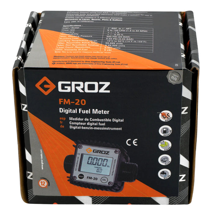 Groz Digital Turbine Fuel Meter, 1" NPT Bi-Directional Inlet and Outlet threads 45651