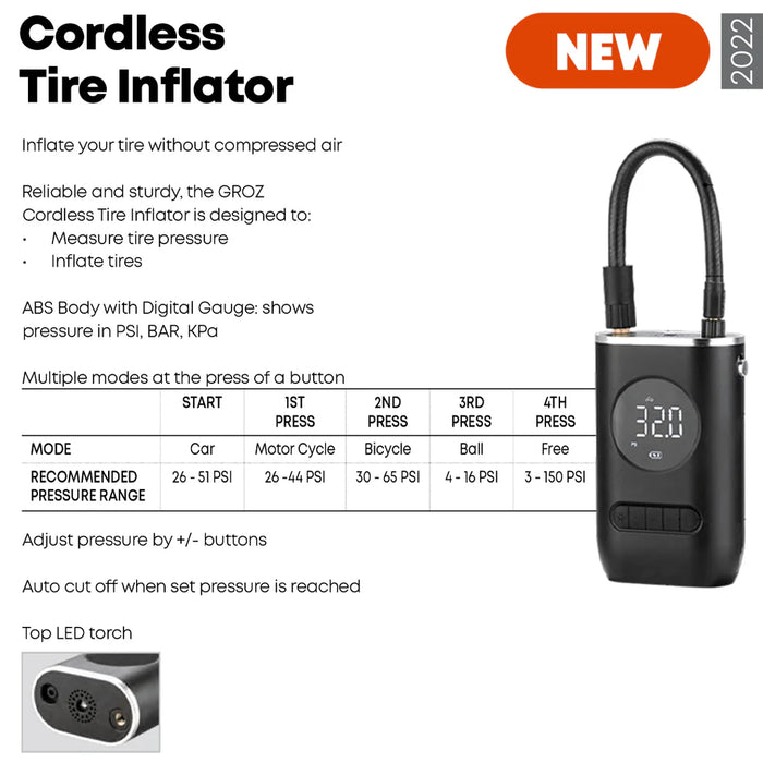 Groz Cordless Tire Inflator, up to 150 PSI, Multiple Pressure Modes 55450