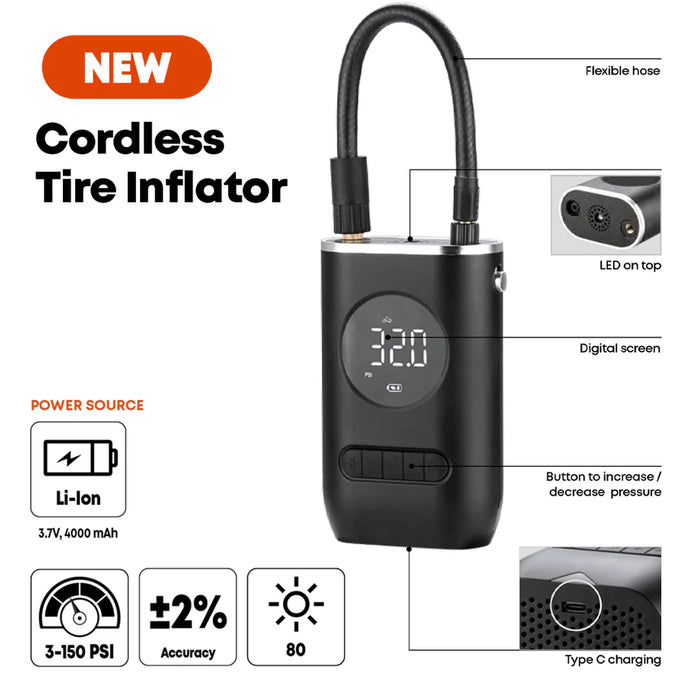 Groz Cordless Tire Inflator, up to 150 PSI, Multiple Pressure Modes 55450