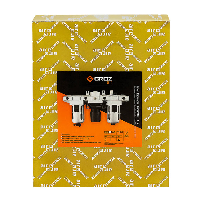 Groz Air Filter - Regulator - Lubricator, Modular 3pc., Polycarbonate Bowl, Miniature, 1/4" NPT, 18 CFM 60551
