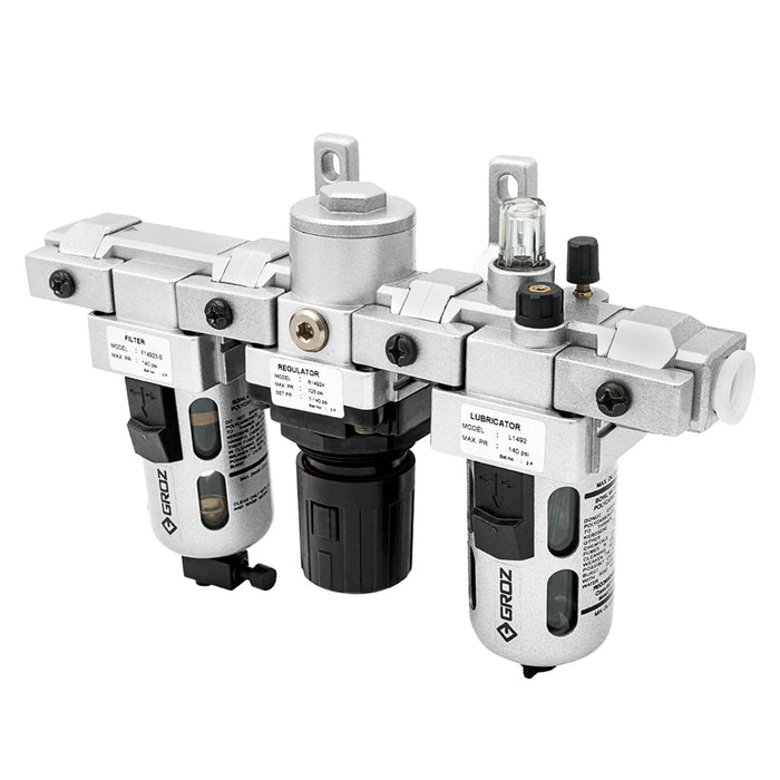 Groz Air Filter - Regulator - Lubricator, Modular 3pc., Polycarbonate Bowl, Miniature, 1/4" NPT, 18 CFM 60550