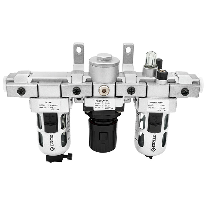 Groz Air Filter - Regulator - Lubricator, Modular 3pc., Polycarbonate Bowl, Miniature, 1/4" NPT, 18 CFM 60551