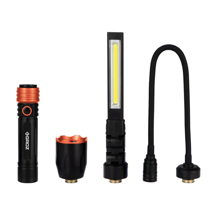 Groz 3-in-1 Quick Connect Work Light - Interchangeable Flashlight, Flexible Work Light, and Foldable Work Light 55129