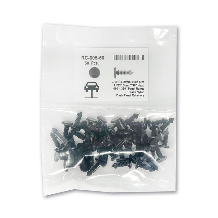 MT-RSR Black Nylon Dash Panel Ret - 3/16" Hole 7/16" Head (50pk) RC-605-50