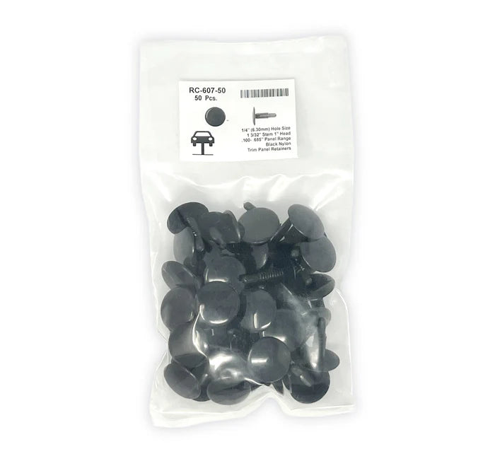 MT-RSR Black Nylon Trim Panel Retainer Clip . - 1/4" Hole Size 1 3/32" Stem (Pack of 50) RC-607-50