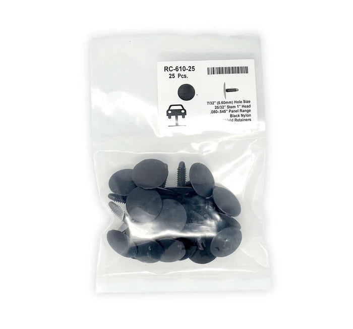 MT-RSR Black Universal Nylon Shield Retainer Head Diameter 1", Stem Diameter 1/4", Stem Length 25/32" Ford # N808370-S (pack of 25) RC-610-25