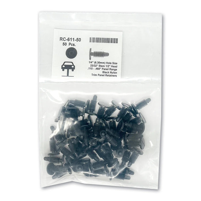 MT-RSR Black Nylon Trim Panel Ret - 1/4" Hole 1/2" Hd 23/32" Stem (50pk) RC-611-50